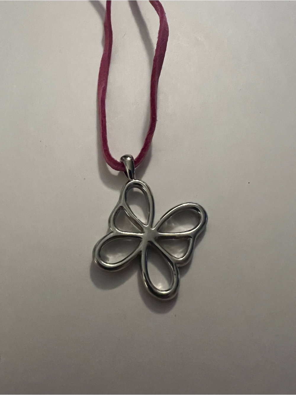 Vintage Lia Sophia Silver Butterfly Openwork Pendant Necklace with Pink Cord